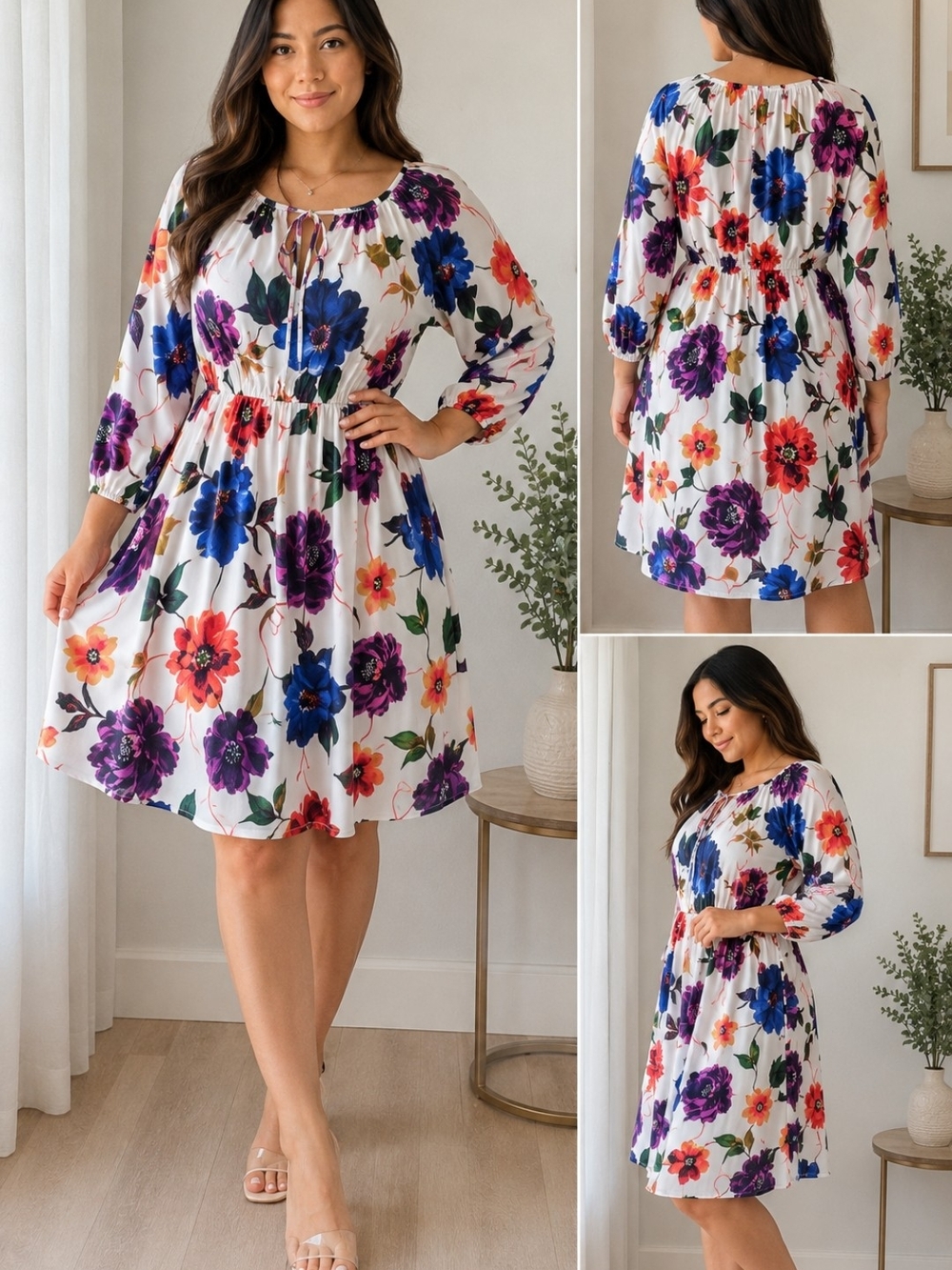 Tahari White Midi Dress with Blue, Purple & Coral Floral Print